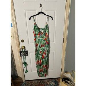 NEW With tags Milly Women's Green Satin Parrot Print Cowl Neck Dress